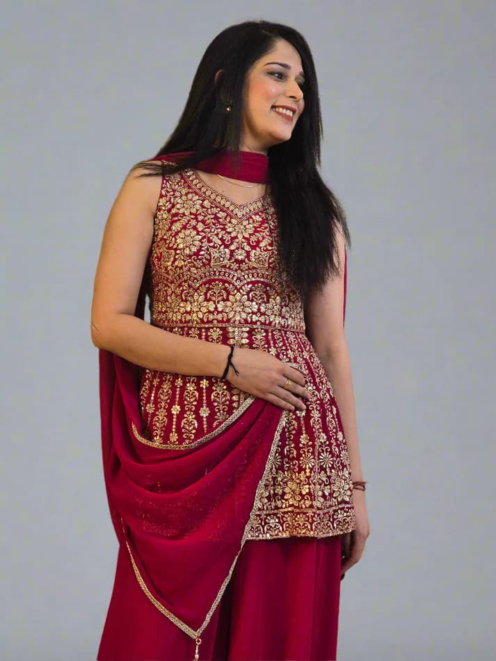 Women’s Red Georgette Embroidered Sharara Set with Dupatta,3-Piece Ethnic Wear